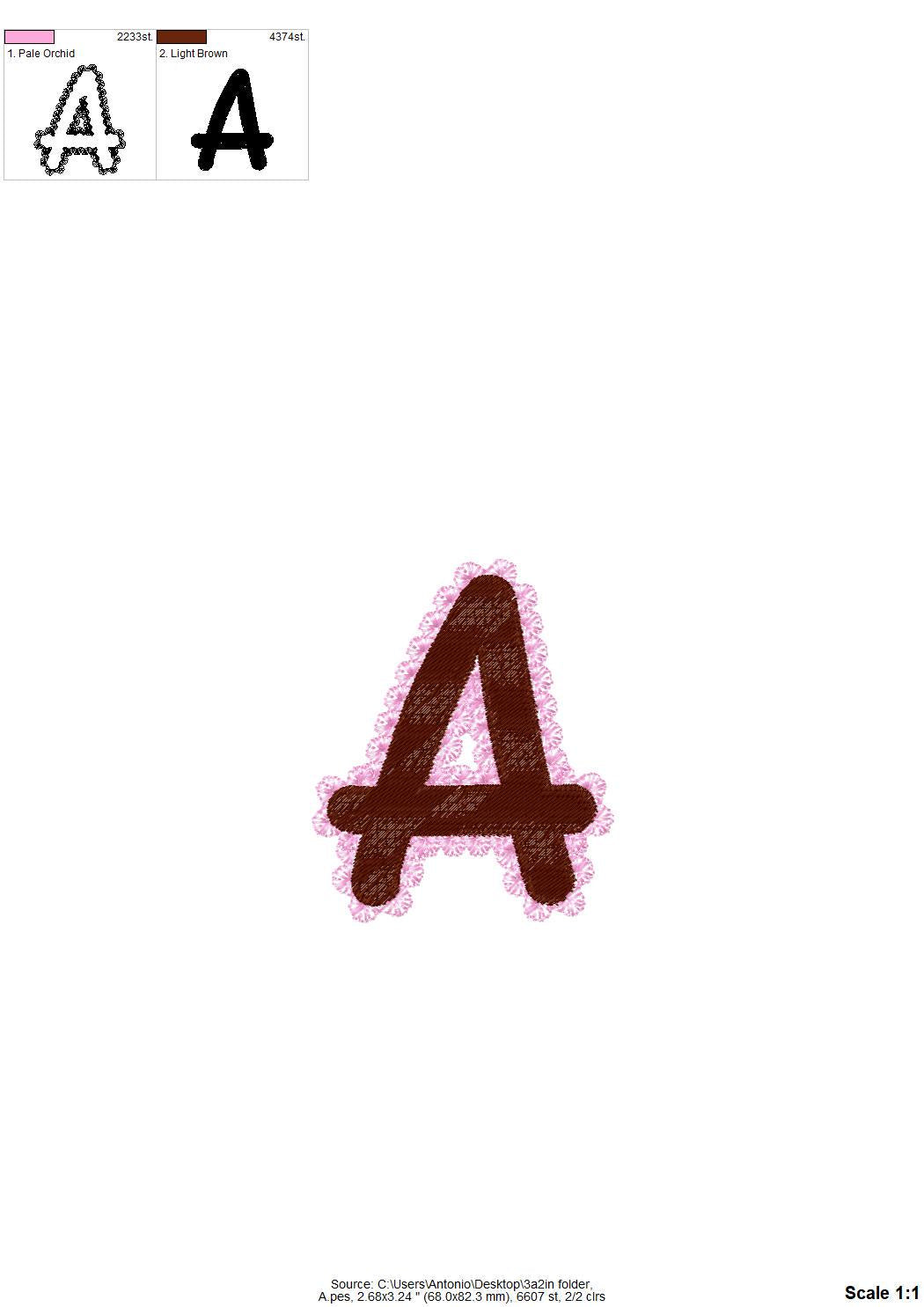 Lace Edge FONT Fill Stitch Spicy Alphabet Monogram cute baby girls fancy font machine embroidery designs sizes 1.5 up to 3.2 in