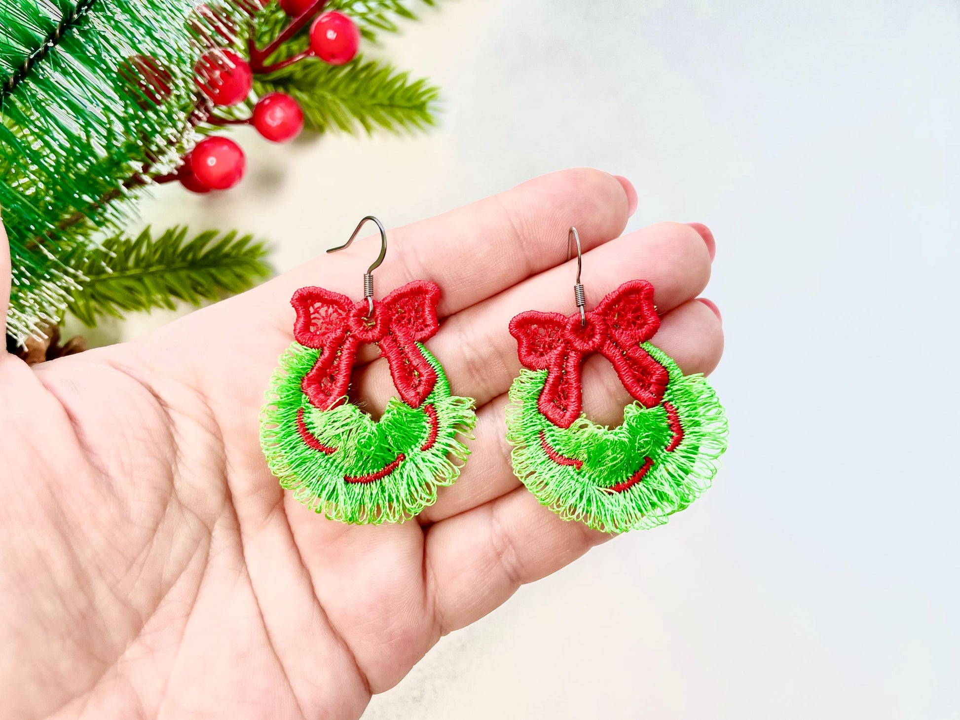Cute Christmas Wreath Fringed Fluffy Earrings Charm in the Hoop FSL Freestanding Lace Kids Girls Machine Embroidery Designs Size 1.6 Inch - Etsy