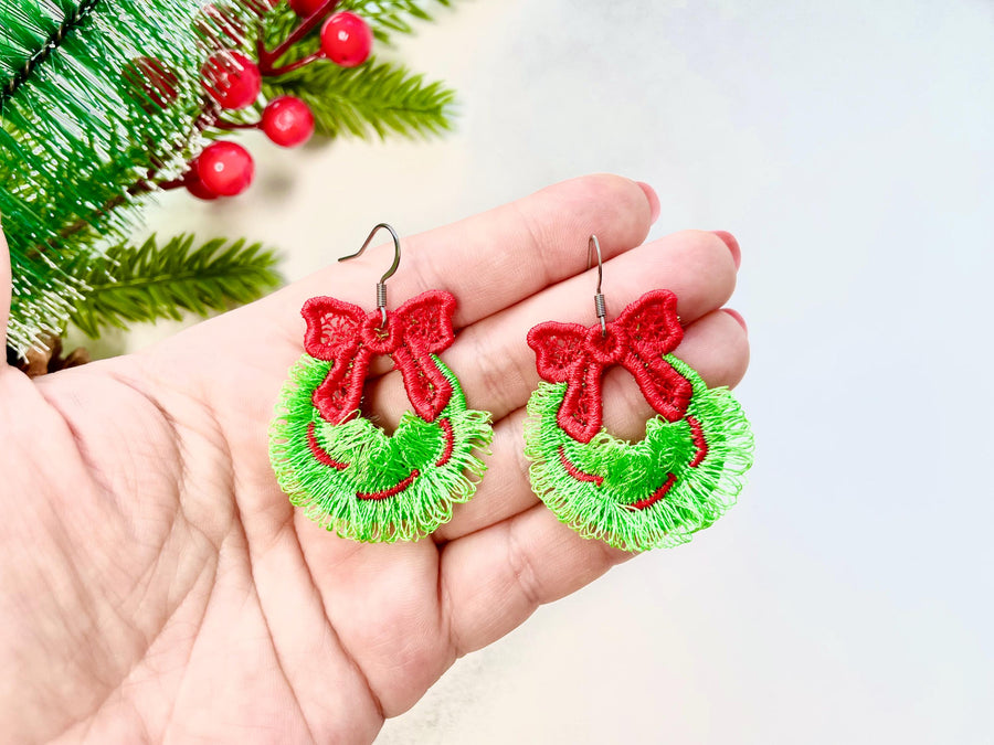Cute Christmas Wreath Fringed Fluffy Earrings Charm in the Hoop FSL Freestanding Lace Kids Girls Machine Embroidery Designs Size 1.6 Inch - Etsy