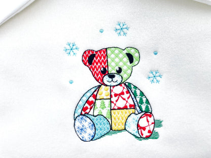 Patchwork Teddy Bear Nathan Christmas theme cute Teddy patterned silhouette outline kids baby machine embroidery designs sizes 4 up to 8 in