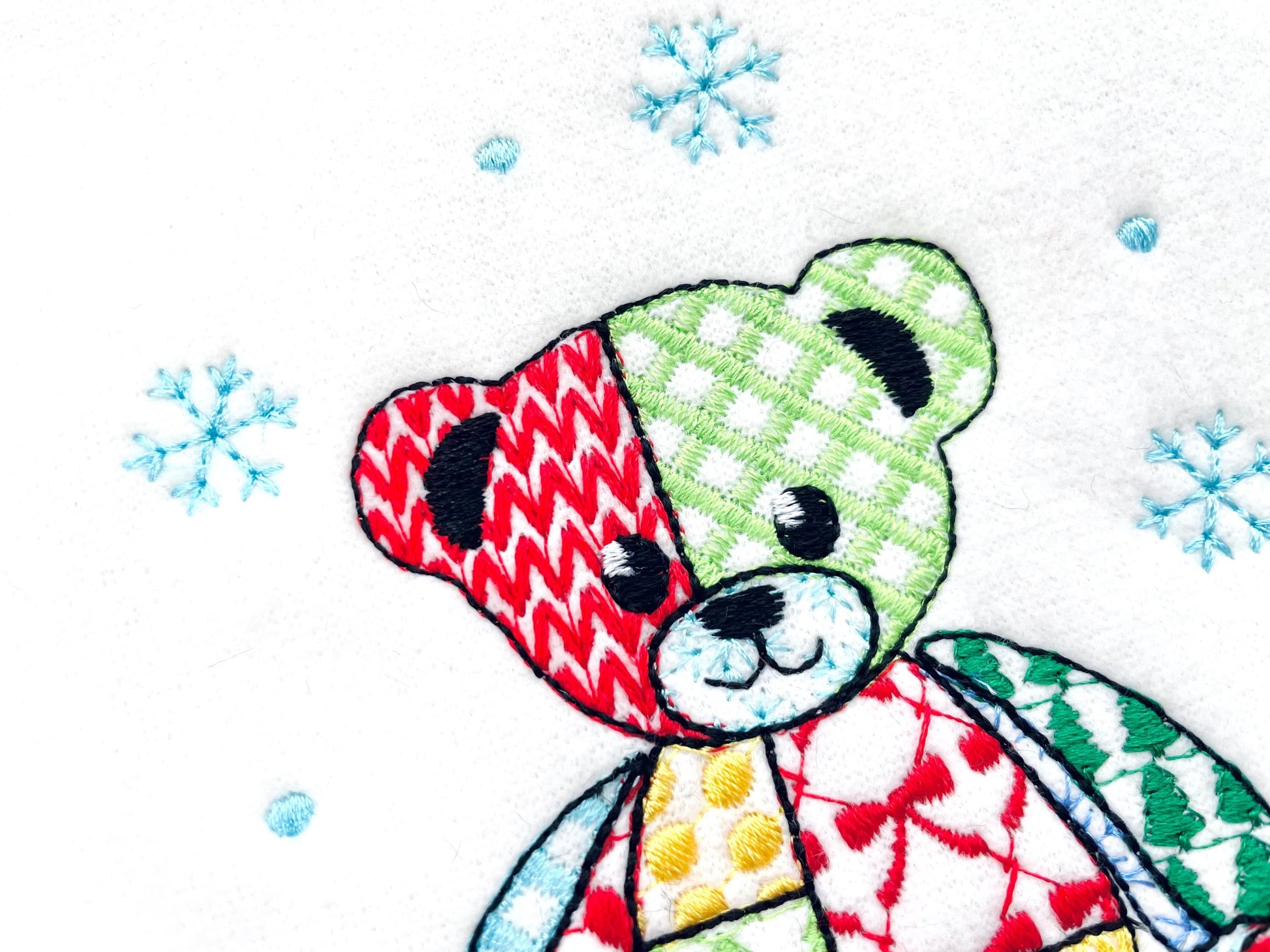 Patchwork Teddy Bear Nathan Christmas theme cute Teddy patterned silhouette outline kids baby machine embroidery designs sizes 4 up to 8 in