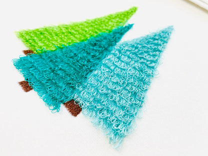 Fringed Fluffy Pine Tree Woodland Christmas Tree Three in a Row Forest Fringe Fur Chenille Machine Embroidery Design