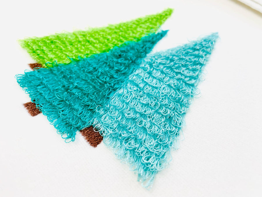 Fringed Fluffy Pine Tree Woodland Christmas Tree Three in a Row Forest Fringe Fur Chenille Machine Embroidery Design