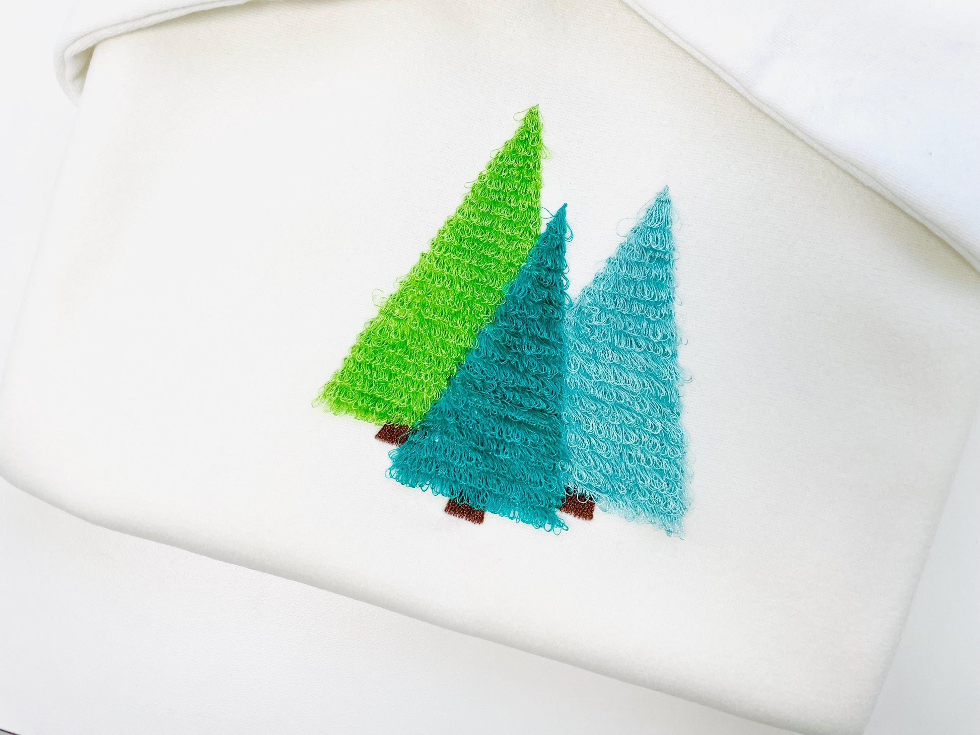 Fringed Fluffy Pine Tree Woodland Christmas Tree Three in a Row Forest Fringe Fur Chenille Machine Embroidery Design