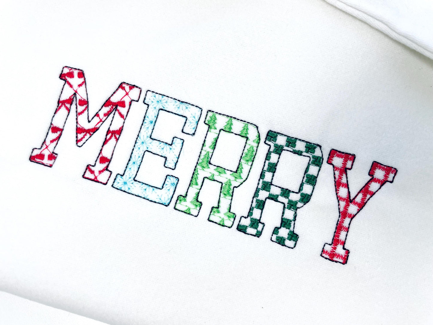 Christmas SET of 5 Patterned Fonts Bow Checks Ricrac Knit Trees Monogram Alphabet machine embroidery designs many sizes combine and merge