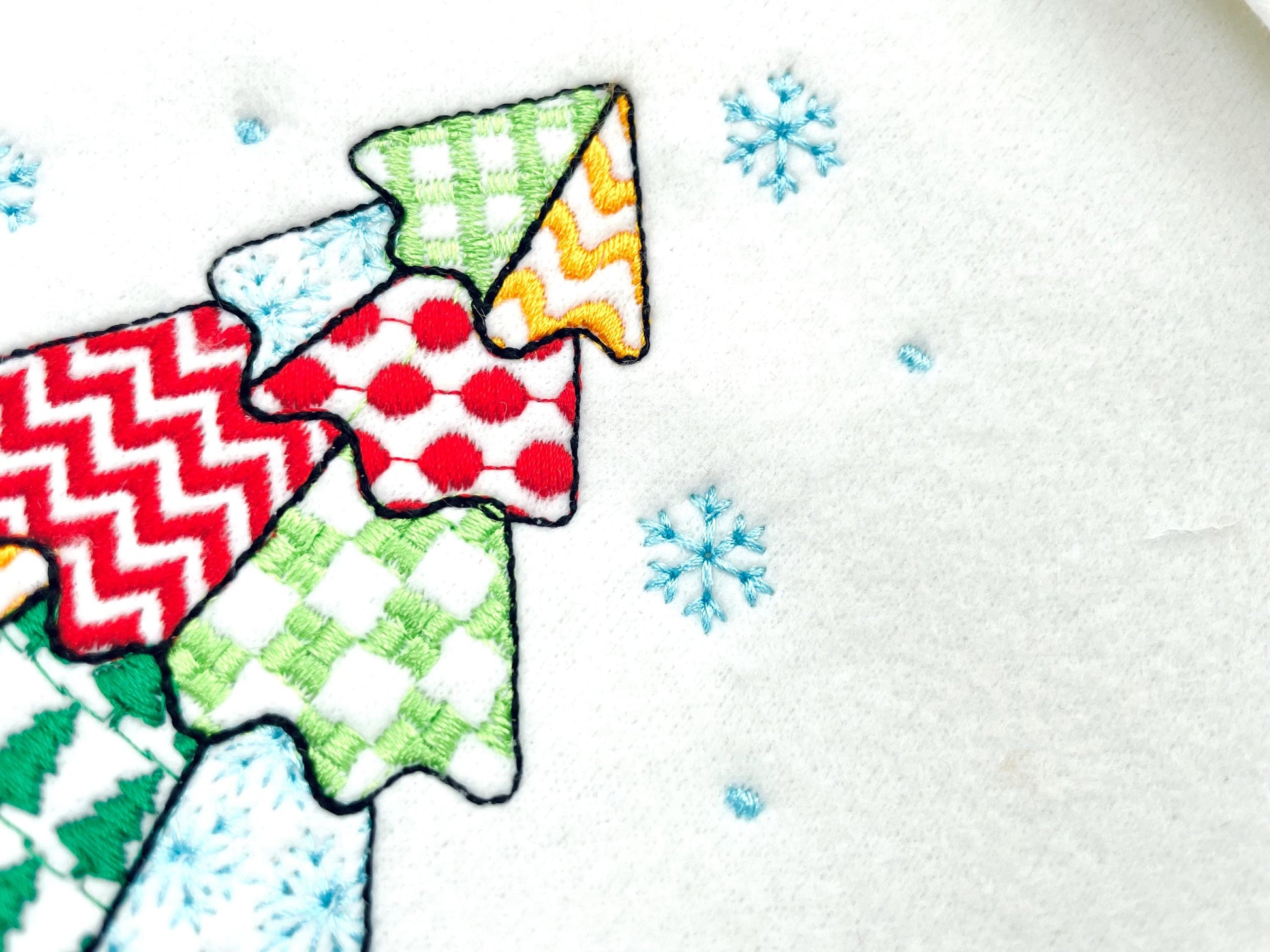 Patchwork Christmas Tree falling Snowflake folk patterned silhouette outline machine embroidery designs many sizes 4 up to 8 inches