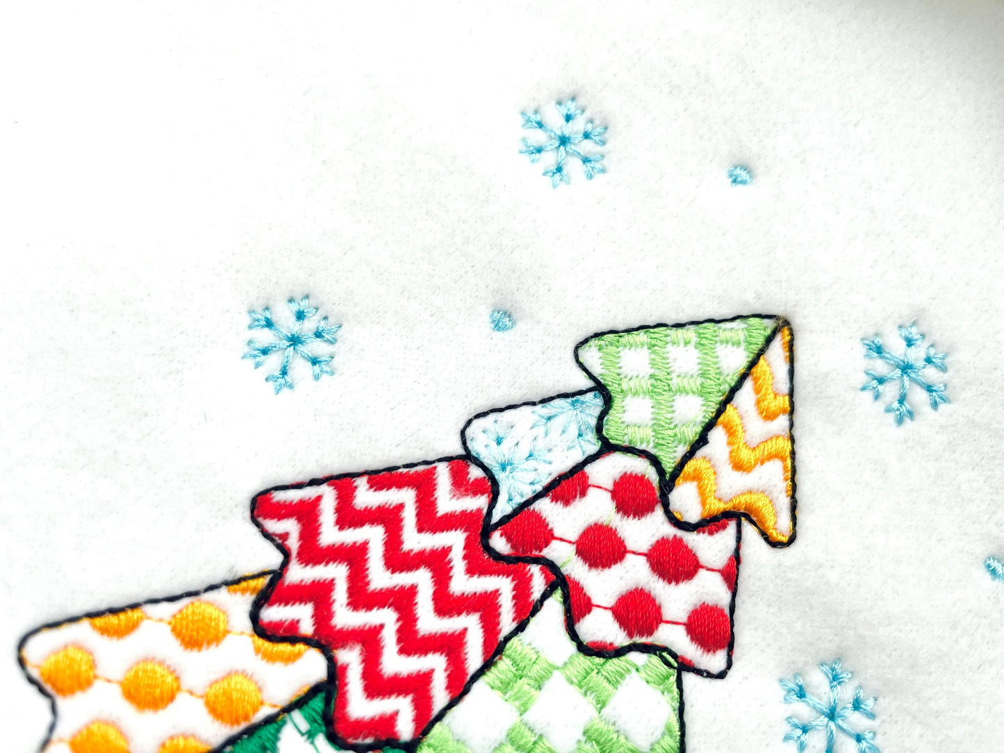 Patchwork Christmas Tree falling Snowflake folk patterned silhouette outline machine embroidery designs many sizes 4 up to 8 inches