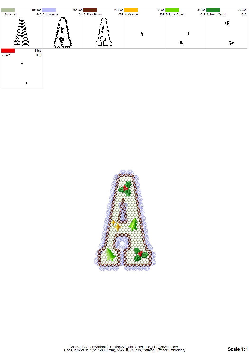 Lace Edge Christmas Floral FONT lace patterned Alphabet Monogram Holiday Festive machine embroidery designs sizes 2.9 up to 3.7 inch, BX