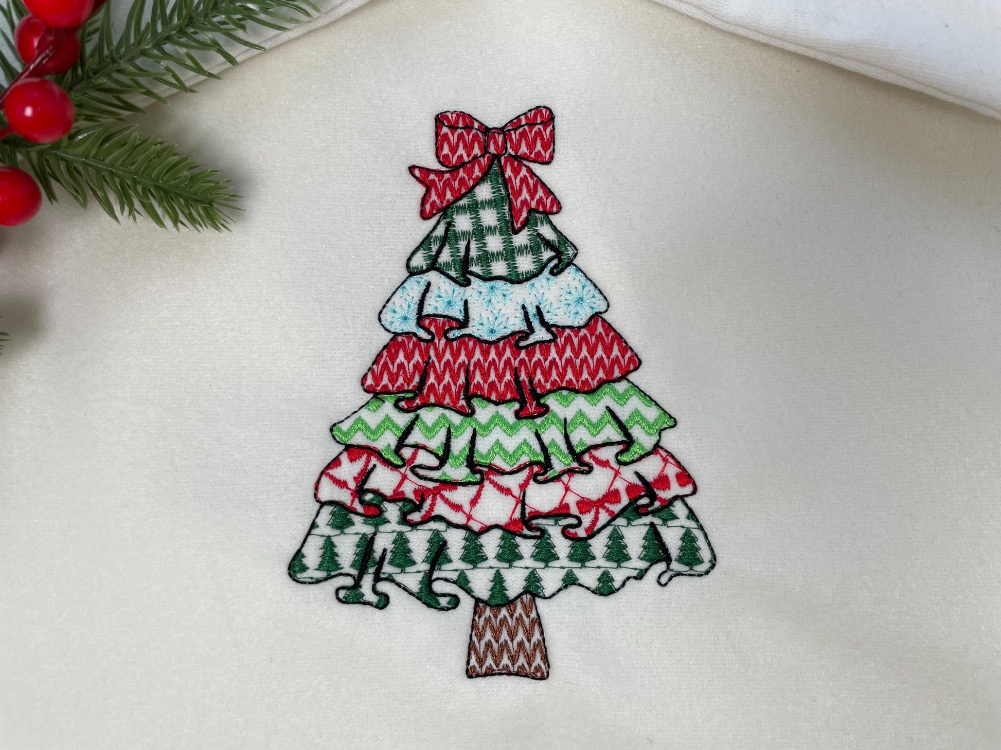 Patchwork Christmas Tree with Bow and Ruffle patterned Pine outline machine embroidery designs many sizes 4 up to 10 inch folk farm design