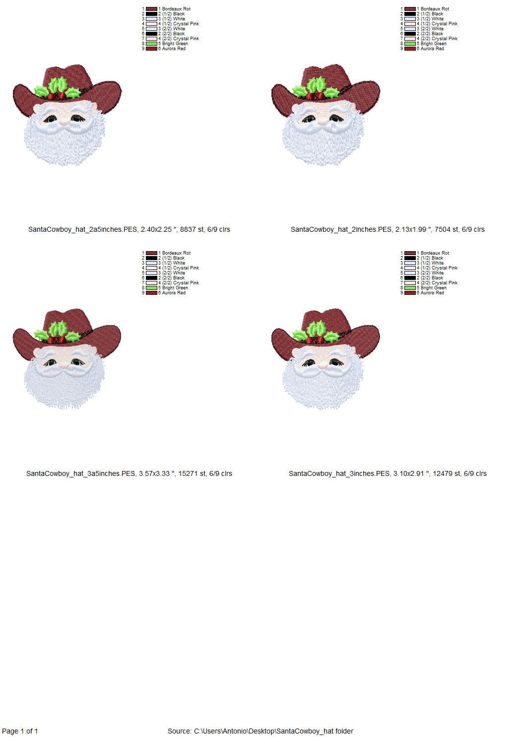 Christmas Santa Cowboy fill stitch machine embroidery designs mini sizes kids baby Santa face cowboy hat with holly flower