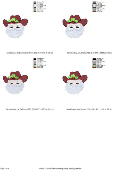 Christmas Santa Cowboy fill stitch machine embroidery designs mini sizes kids baby Santa face cowboy hat with holly flower