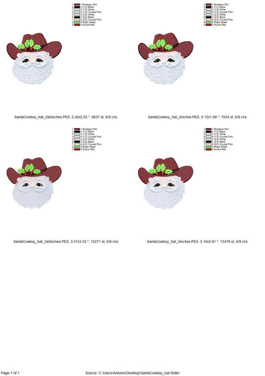 Christmas Santa Cowboy fill stitch machine embroidery designs mini sizes kids baby Santa face cowboy hat with holly flower