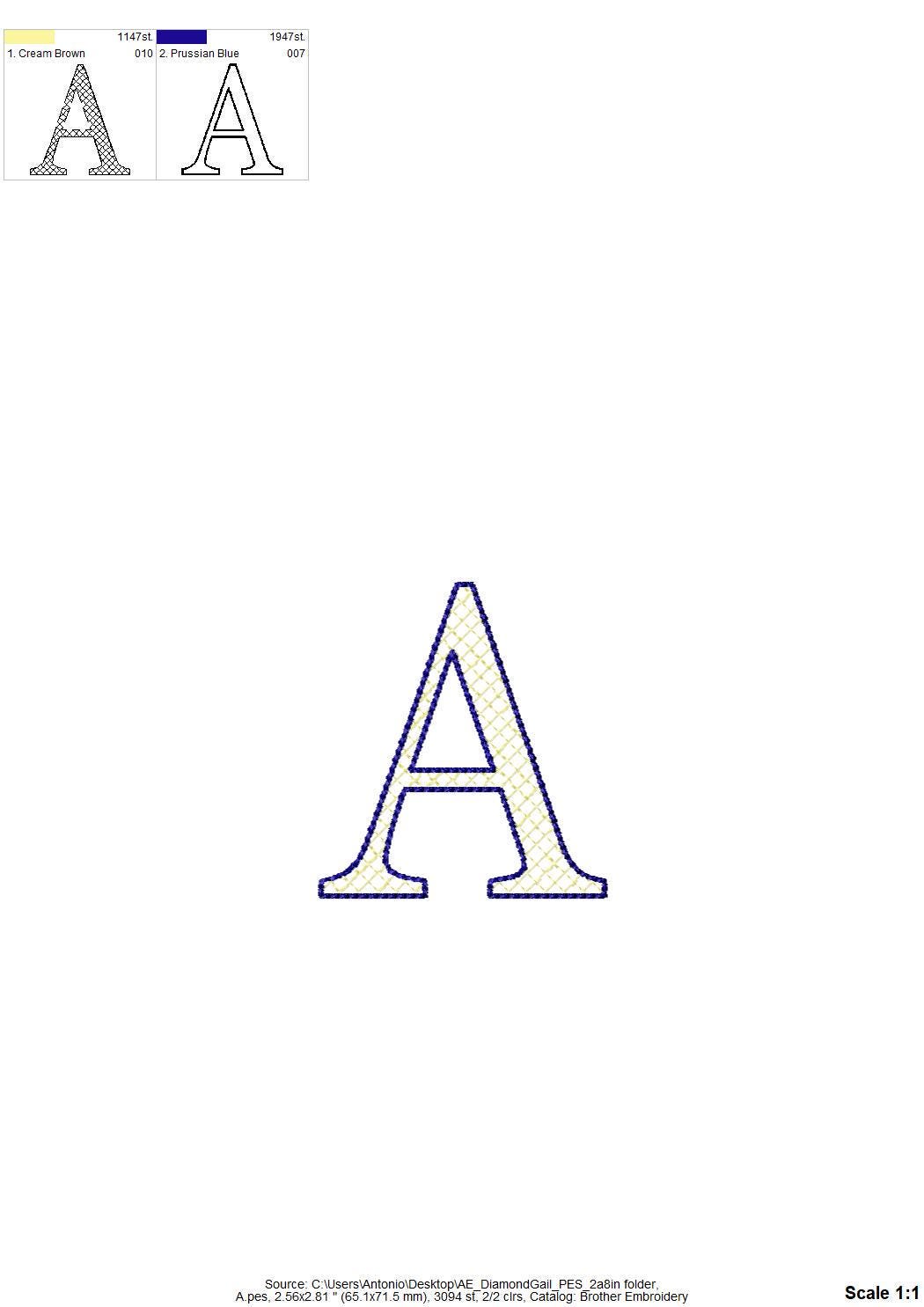 Elegant Diamond FONT Gail quilt and bean stitch outline varsity block Alphabet Monogram machine embroidery designs sizes 1.6 up to 3.4 inch