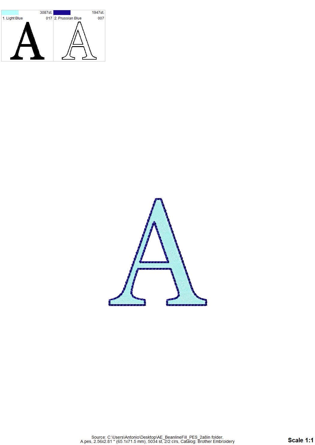 Block FONT Fill Stitch and Bean Outline Alphabet Monogram letters numbers punctuation machine embroidery designs sizes 1.3 up to 3.4 inch BX