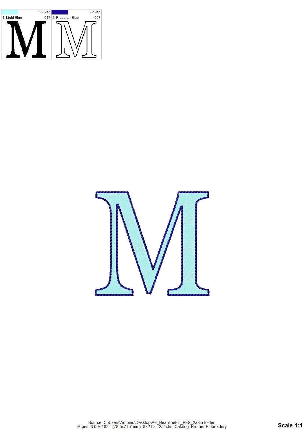 Block FONT Fill Stitch and Bean Outline Alphabet Monogram letters numbers punctuation machine embroidery designs sizes 1.3 up to 3.4 inch BX