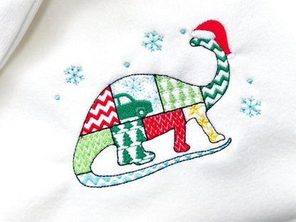 Christmas Apatosaurus Kiwi Jurassic Dinosaur Patchwork patterned silhouette outline kids machine embroidery designs