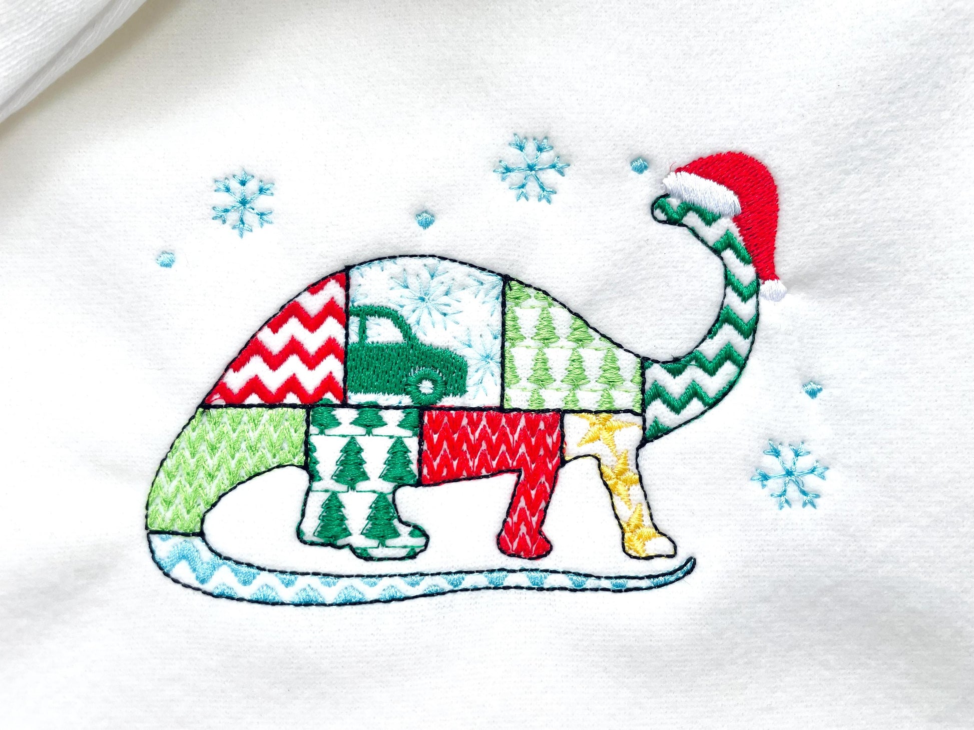 Christmas Apatosaurus Kiwi Jurassic Dinosaur Patchwork patterned silhouette outline kids machine embroidery designs