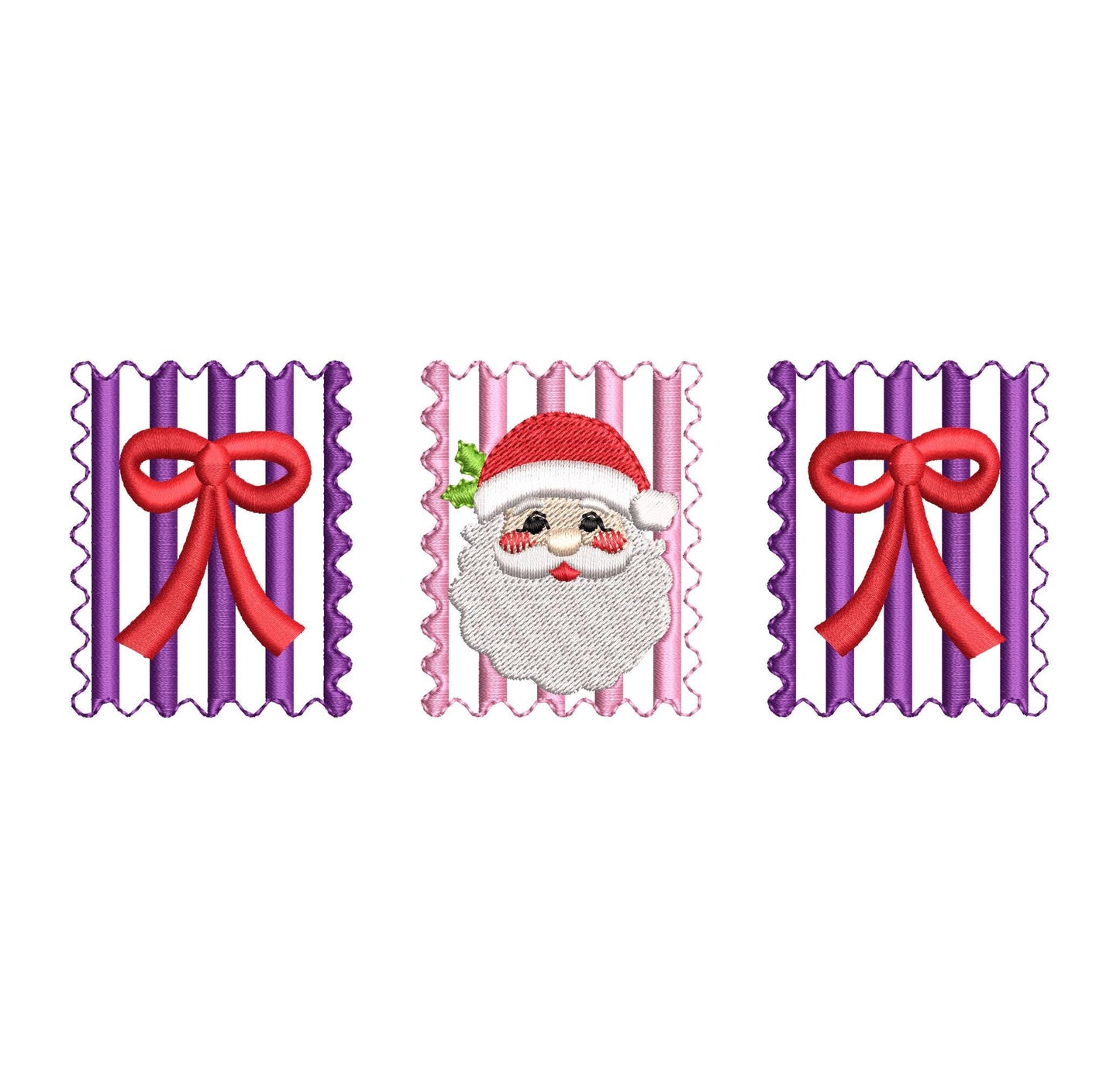 Christmas Santa and Bow Trio machine embroidery designs assorted sizes 5 up to 8 inch holidays festive and versatile design