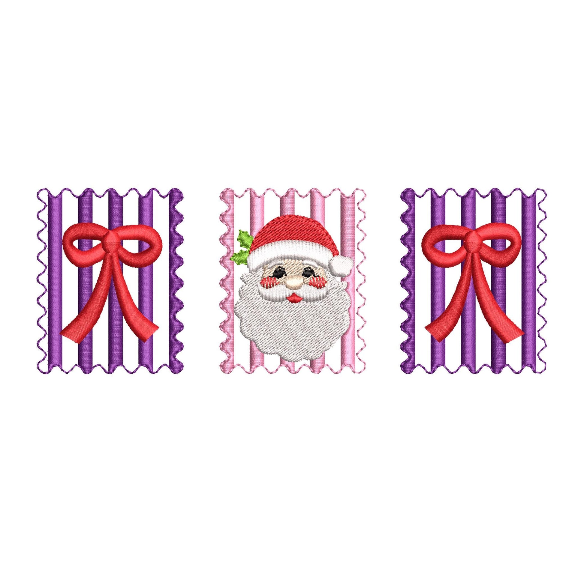 Christmas Santa and Bow Trio machine embroidery designs assorted sizes 5 up to 8 inch holidays festive and versatile design