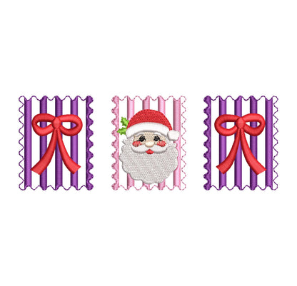 Christmas Santa and Bow Trio machine embroidery designs assorted sizes 5 up to 8 inch holidays festive and versatile design