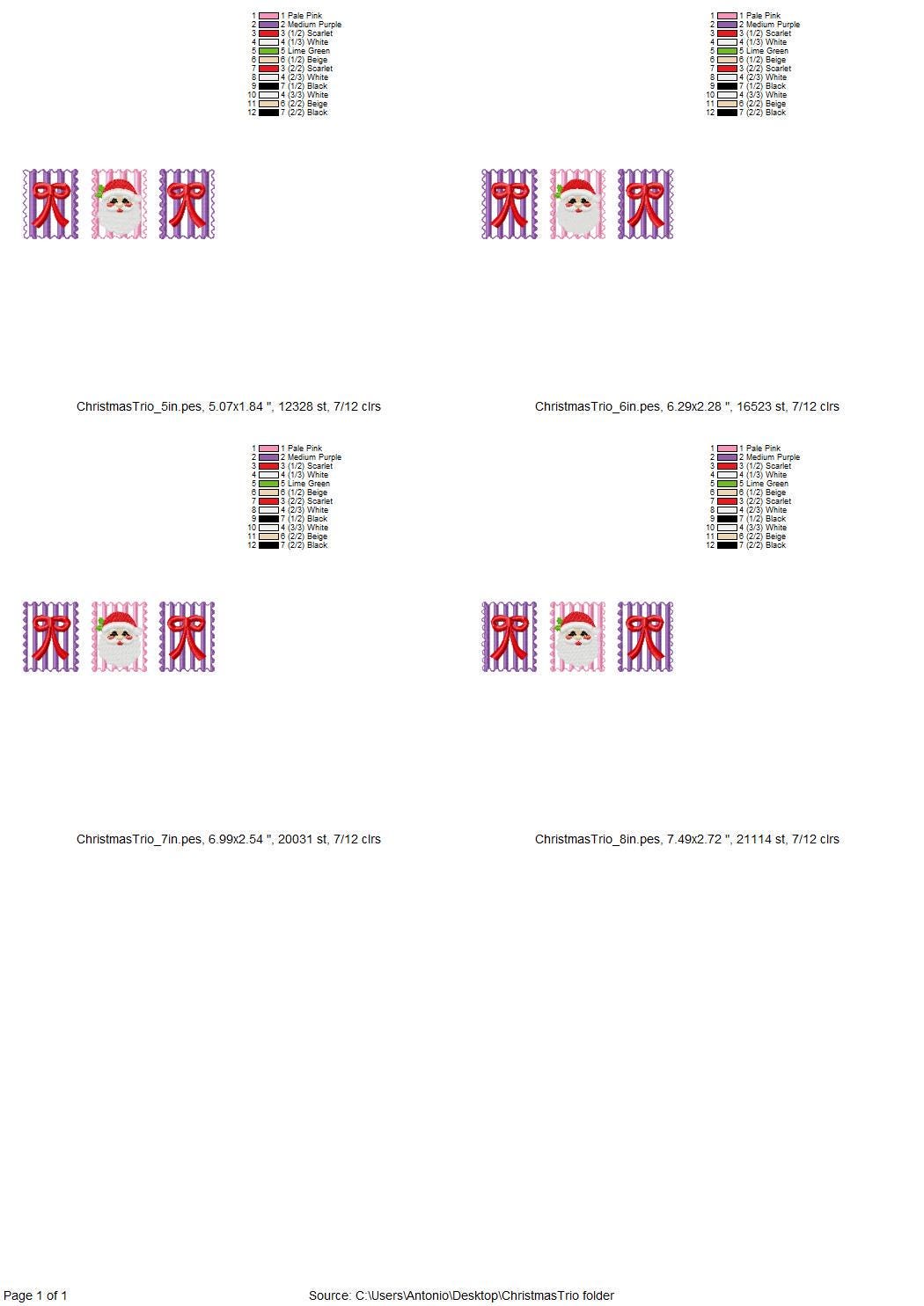 Christmas Santa and Bow Trio machine embroidery designs assorted sizes 5 up to 8 inch holidays festive and versatile design