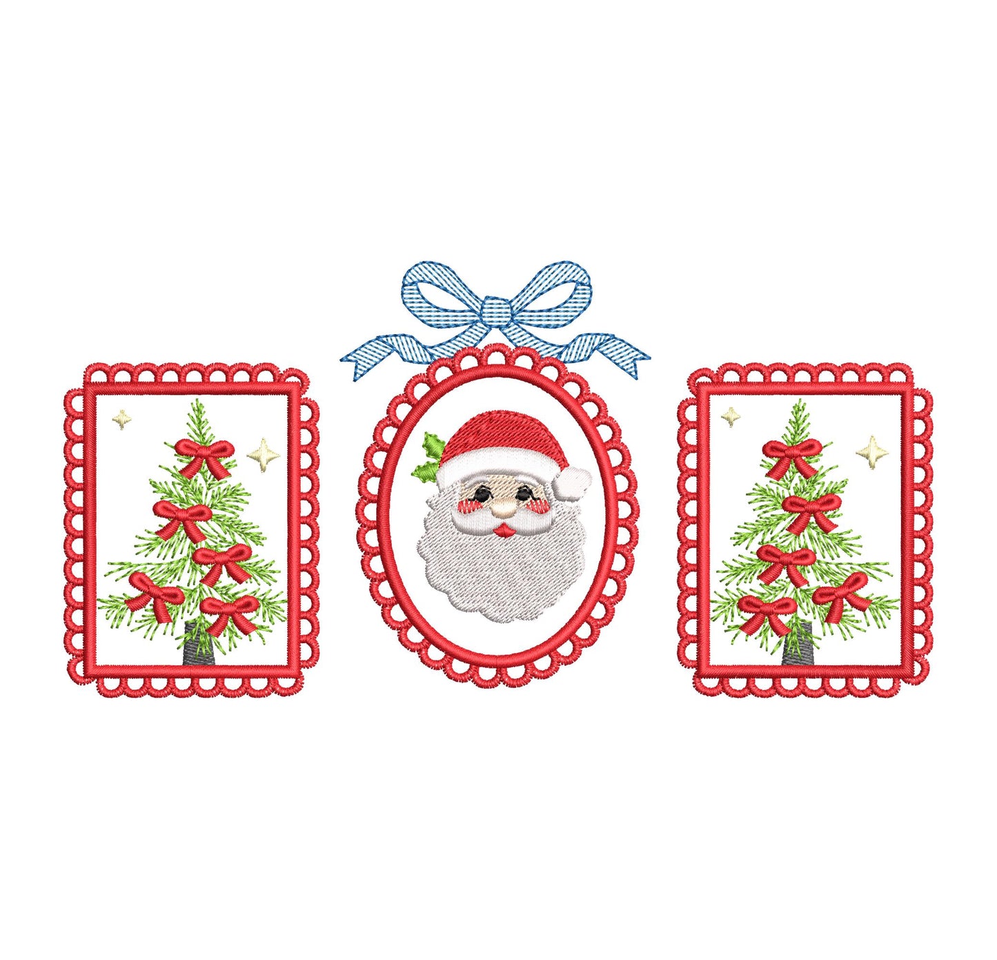 Christmas Tree and Santa Trio lace Frame and Bow machine embroidery designs sizes 7 up to 10 inch holidays festive tshirt home decor design
