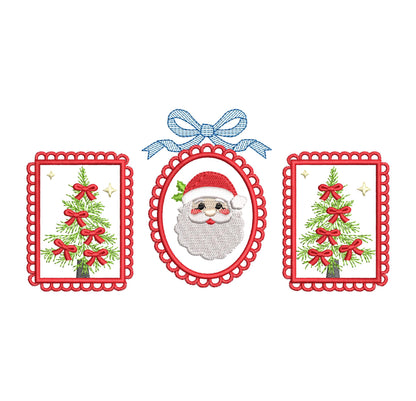 Christmas Tree and Santa Trio lace Frame and Bow machine embroidery designs sizes 7 up to 10 inch holidays festive tshirt home decor design