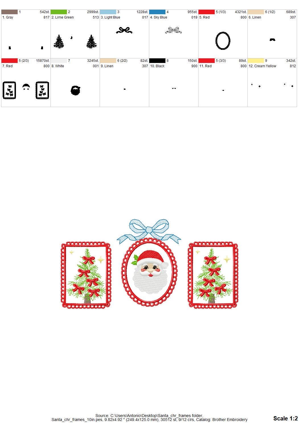 Christmas Tree and Santa Trio lace Frame and Bow machine embroidery designs sizes 7 up to 10 inch holidays festive tshirt home decor design