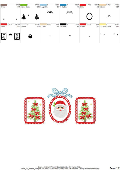Christmas Tree and Santa Trio lace Frame and Bow machine embroidery designs sizes 7 up to 10 inch holidays festive tshirt home decor design