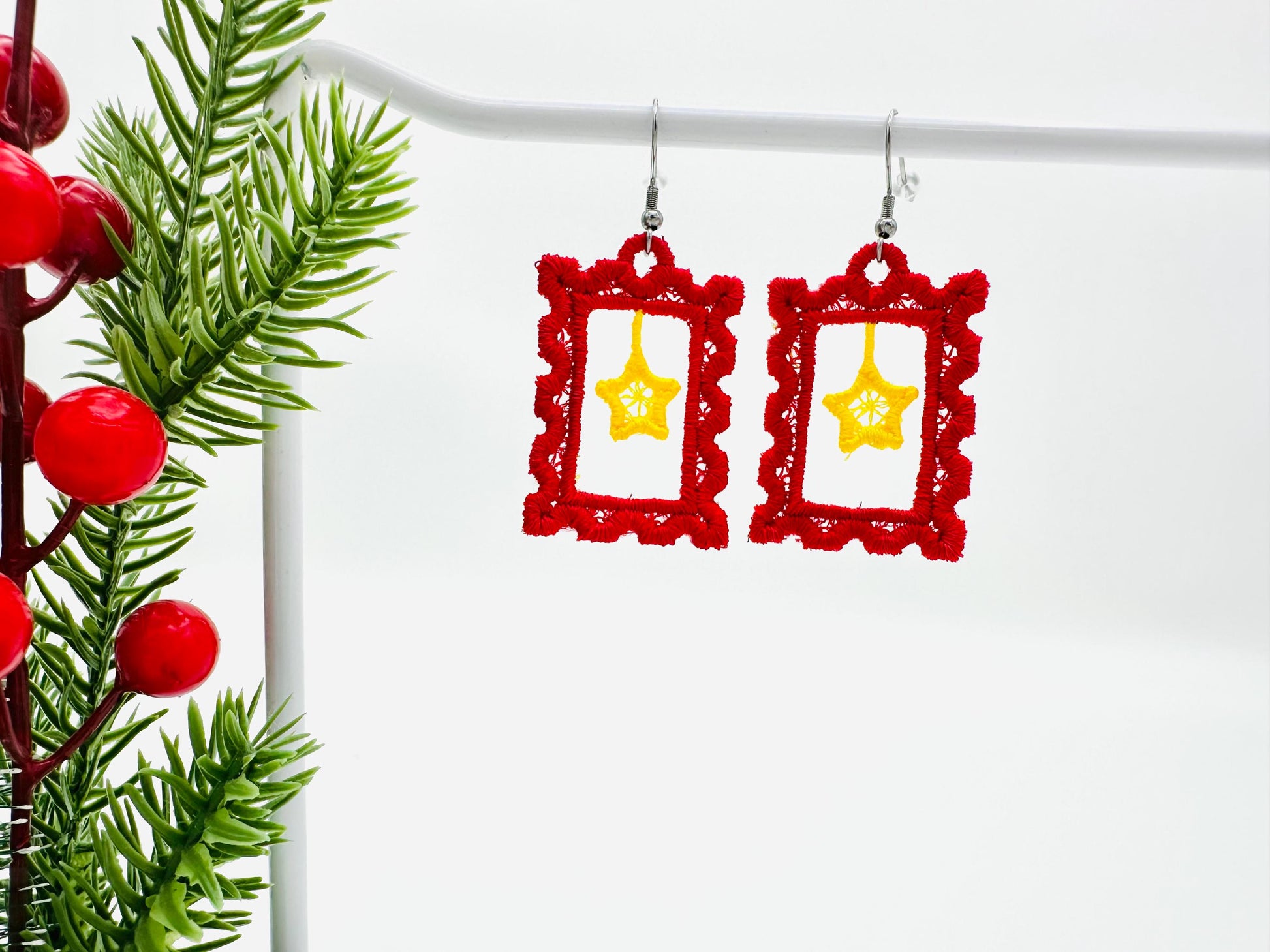 Christmas Star Mail Express Stamp frame Earrings Charm FSL freestanding lace machine embroidery designs girls accessory simply in the hoop