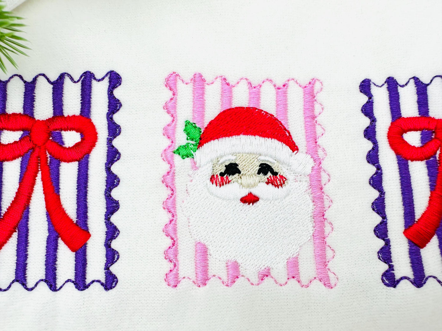 Christmas Santa and Bow Trio machine embroidery designs assorted sizes 5 up to 8 inch holidays festive and versatile design