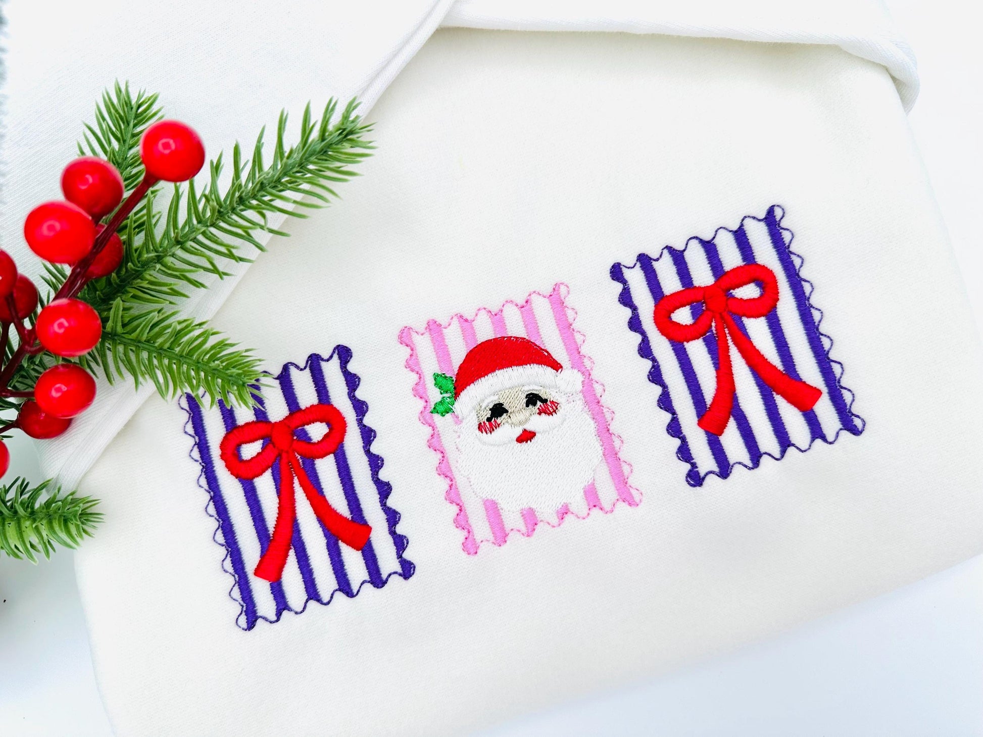 Christmas Santa and Bow Trio machine embroidery designs assorted sizes 5 up to 8 inch holidays festive and versatile design