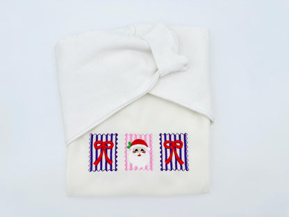 Christmas Santa and Bow Trio machine embroidery designs assorted sizes 5 up to 8 inch holidays festive and versatile design