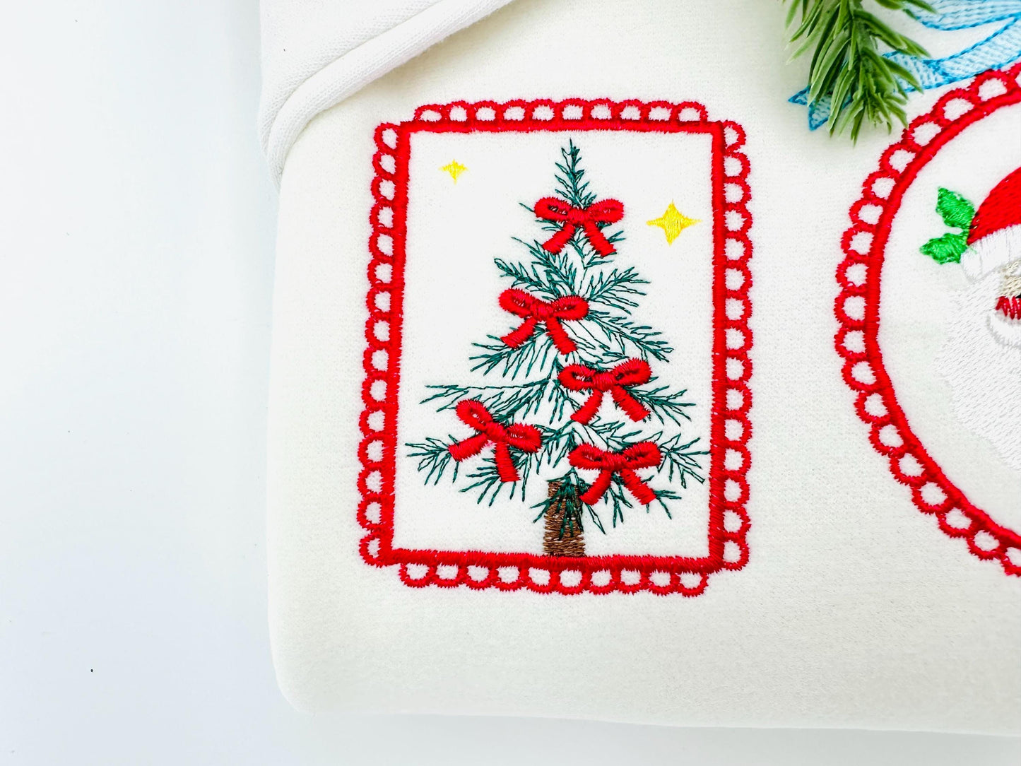 Christmas Tree and Santa Trio lace Frame and Bow machine embroidery designs sizes 7 up to 10 inch holidays festive tshirt home decor design