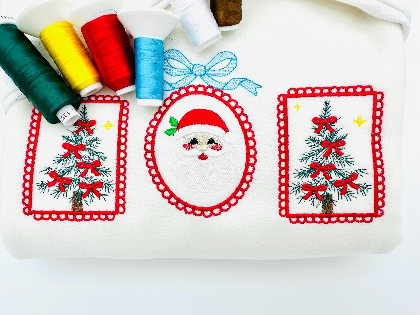 Christmas Tree and Santa Trio lace Frame and Bow machine embroidery designs sizes 7 up to 10 inch holidays festive tshirt home decor design