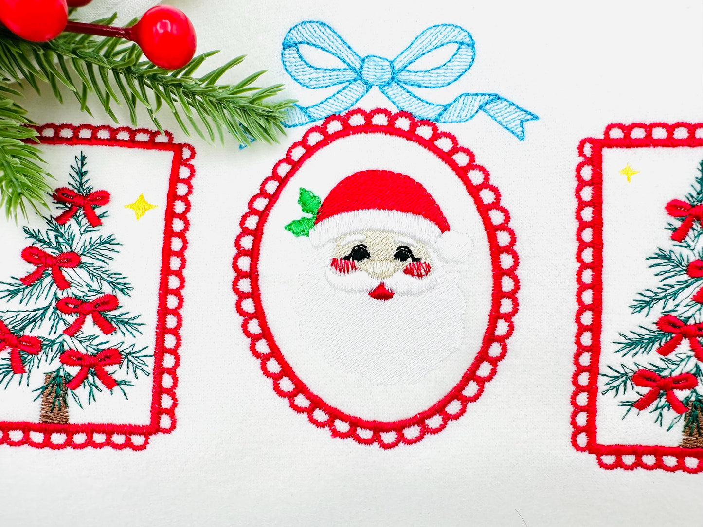 Christmas Tree and Santa Trio lace Frame and Bow machine embroidery designs sizes 7 up to 10 inch holidays festive tshirt home decor design