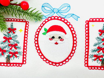 Christmas Tree and Santa Trio lace Frame and Bow machine embroidery designs sizes 7 up to 10 inch holidays festive tshirt home decor design