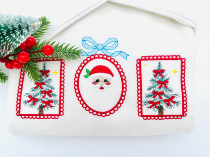 Christmas Tree and Santa Trio lace Frame and Bow machine embroidery designs sizes 7 up to 10 inch holidays festive tshirt home decor design