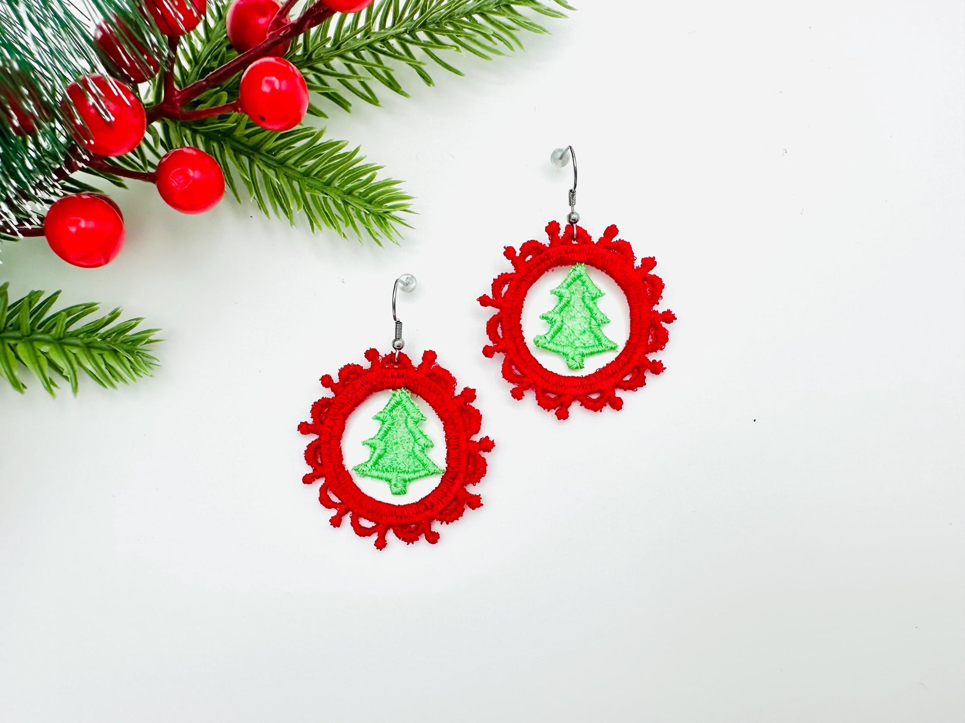 Christmas Tree lace frame Earrings Charm or gift tag FSL freestanding lace machine embroidery designs girls accessory simply in the hoop