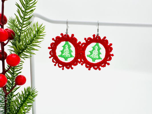 Christmas Tree lace frame Earrings Charm or gift tag FSL freestanding lace machine embroidery designs girls accessory simply in the hoop