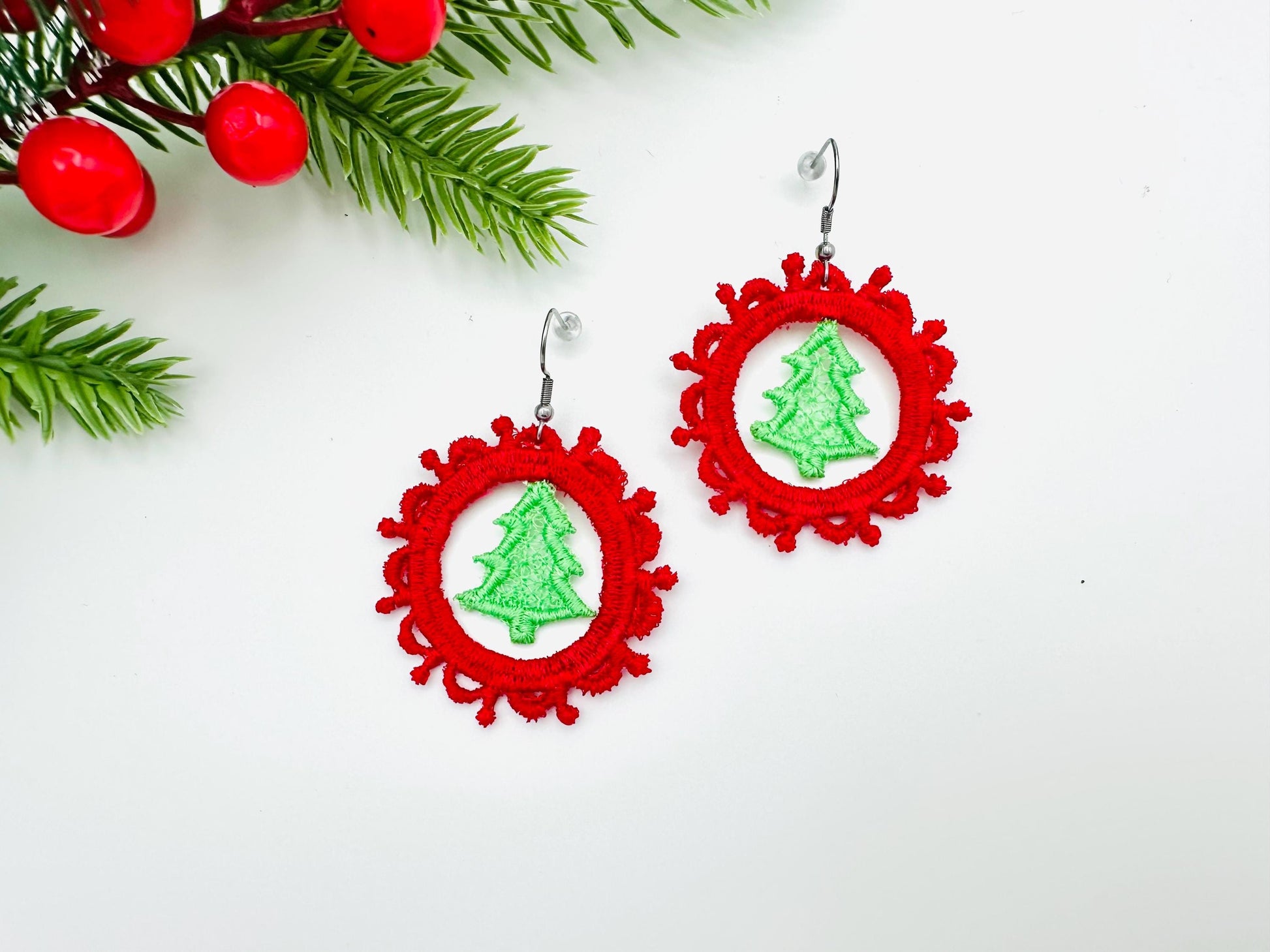 Christmas Tree lace frame Earrings Charm or gift tag FSL freestanding lace machine embroidery designs girls accessory simply in the hoop