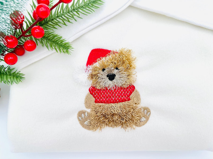 Fluffy Bear Dan With Santa Hat Knitted Sweater Fringed Chenille Teddy Bear Small Sizes Machine Embroidery Designs Christmas Animal Kids Boys
