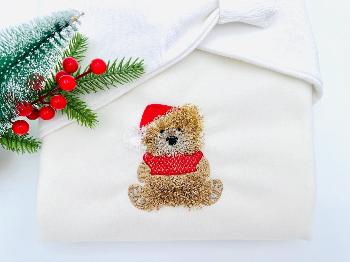 Fluffy Bear Dan With Santa Hat Knitted Sweater Fringed Chenille Teddy Bear Small Sizes Machine Embroidery Designs Christmas Animal Kids Boys