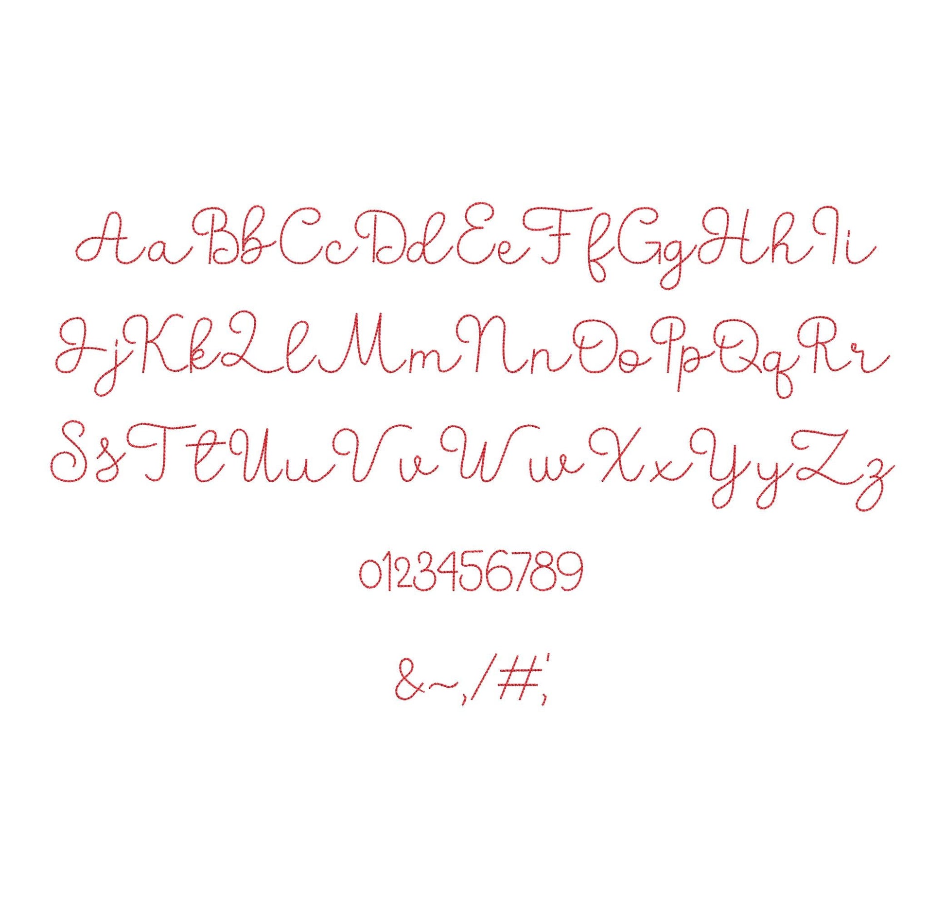 Handwritten script FONT Bunny Bean Alphabet Monogram bean stitch machine embroidery designs letters numbers assorted sizes 1 to 1.9 inch BX