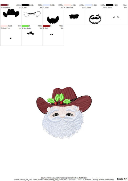 Christmas Santa Cowboy fill stitch machine embroidery designs mini sizes kids baby Santa face cowboy hat with holly flower