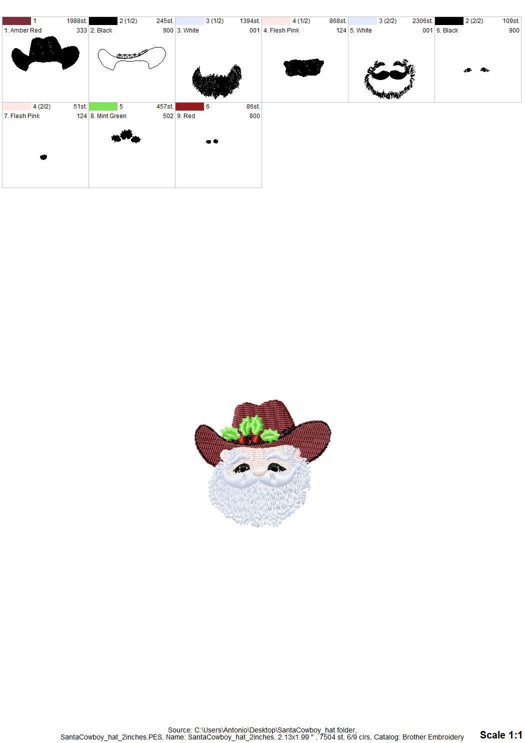 Christmas Santa Cowboy fill stitch machine embroidery designs mini sizes kids baby Santa face cowboy hat with holly flower