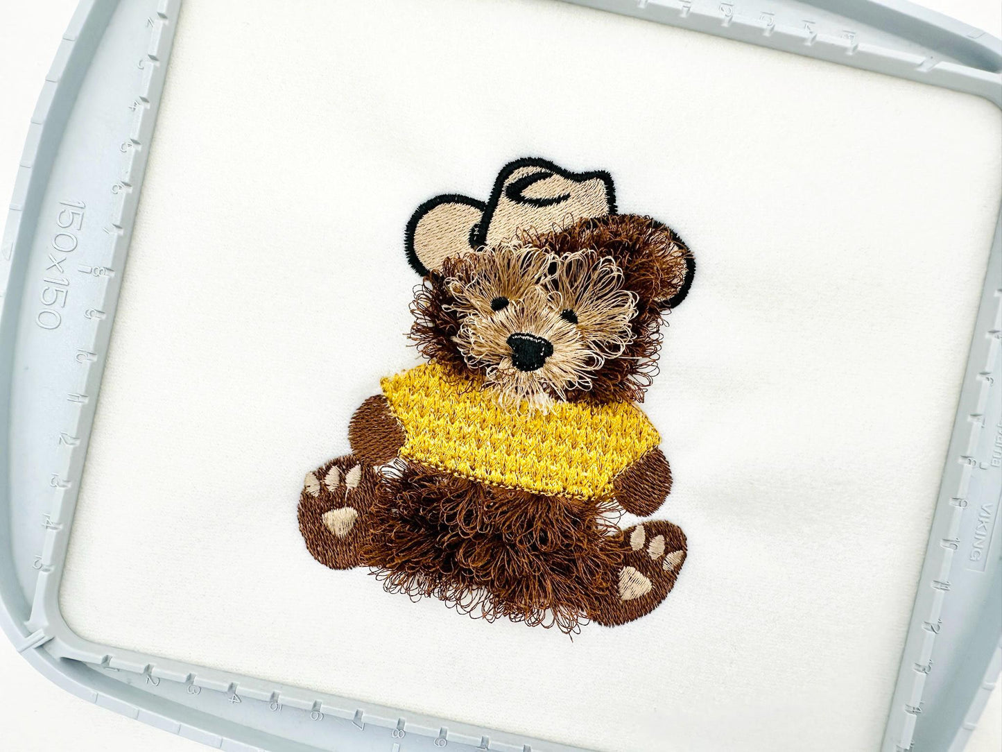 Fringed Fluffy Teddy Bear Dan With Cowboy Hat and Knit Sweater Kids Chenille Fringe Machine Embroidery Design
