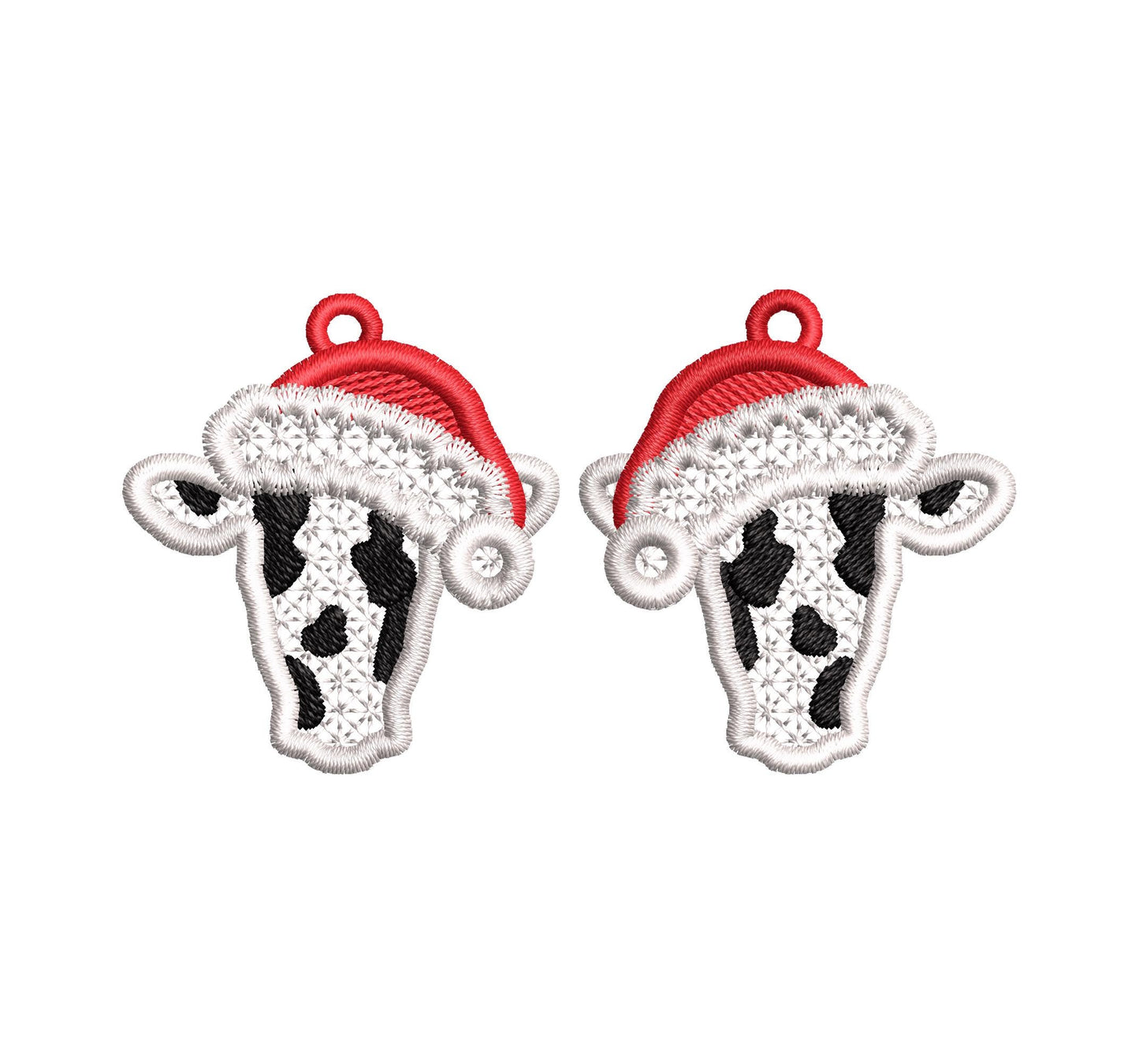 Christmas Santa Cow Earrings Charm gift tag FSL freestanding lace machine embroidery designs girls cowgirl farm animal simply in the hoop