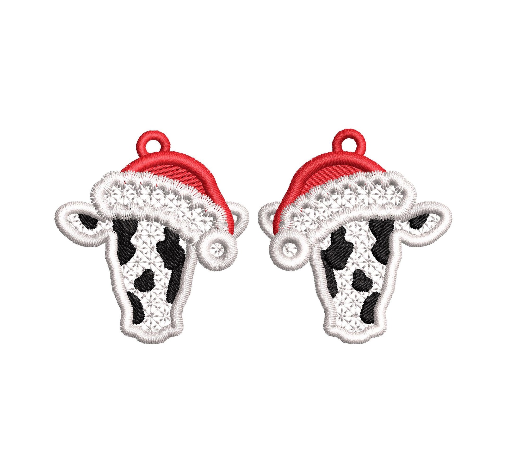Christmas Santa Cow Earrings Charm gift tag FSL freestanding lace machine embroidery designs girls cowgirl farm animal simply in the hoop