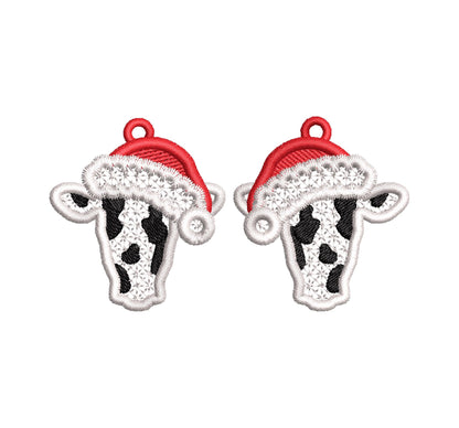 Christmas Santa Cow Earrings Charm gift tag FSL freestanding lace machine embroidery designs girls cowgirl farm animal simply in the hoop